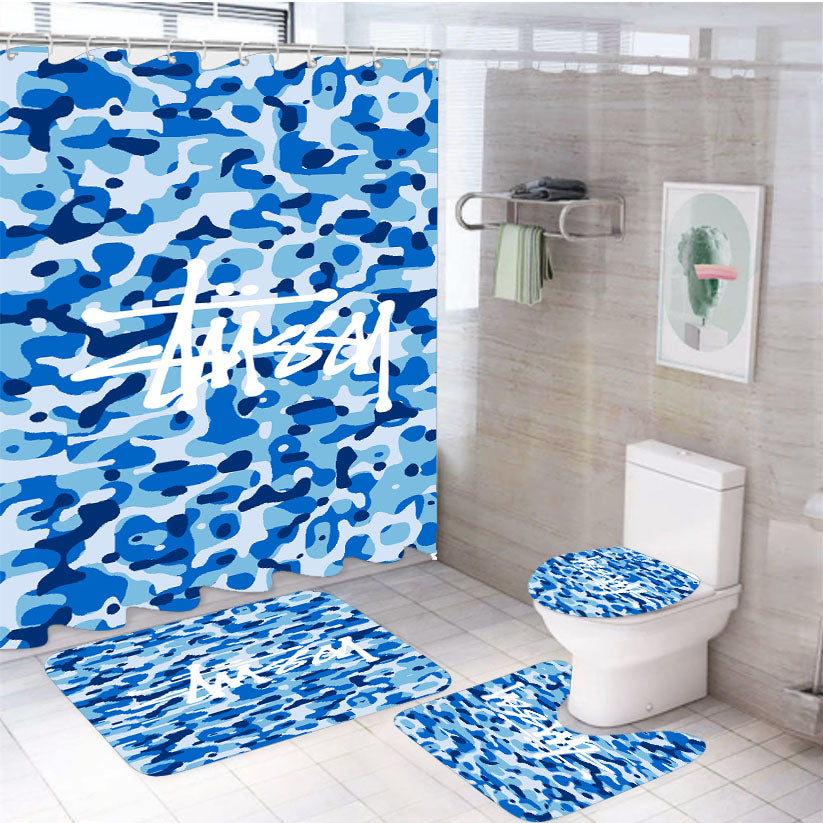 Stussy Bape Camouflage Blue 4Pcs Bathroom Set Shower Curtain