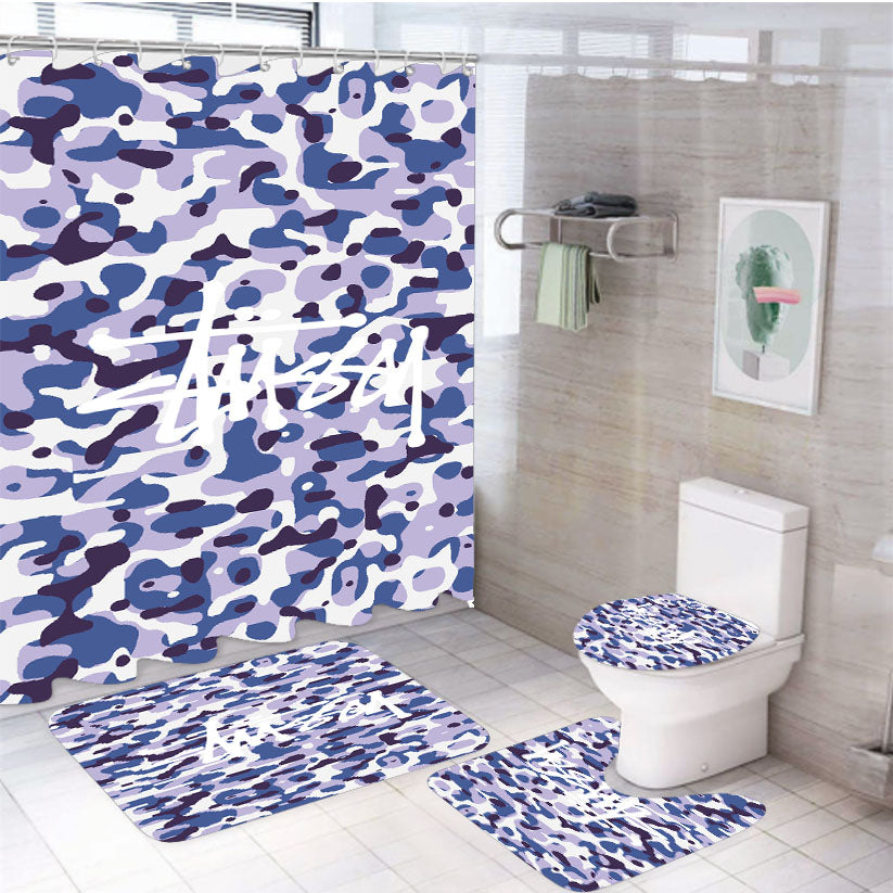 Stussy Bape Camouflage Blue Purple 4Pcs Bathroom Set Shower Curtain