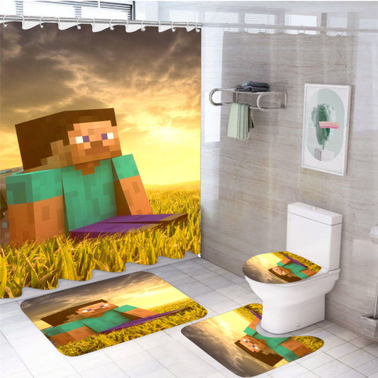 Sunset With Minecraft 4Pcs Bathroom Set Shower Curtain
