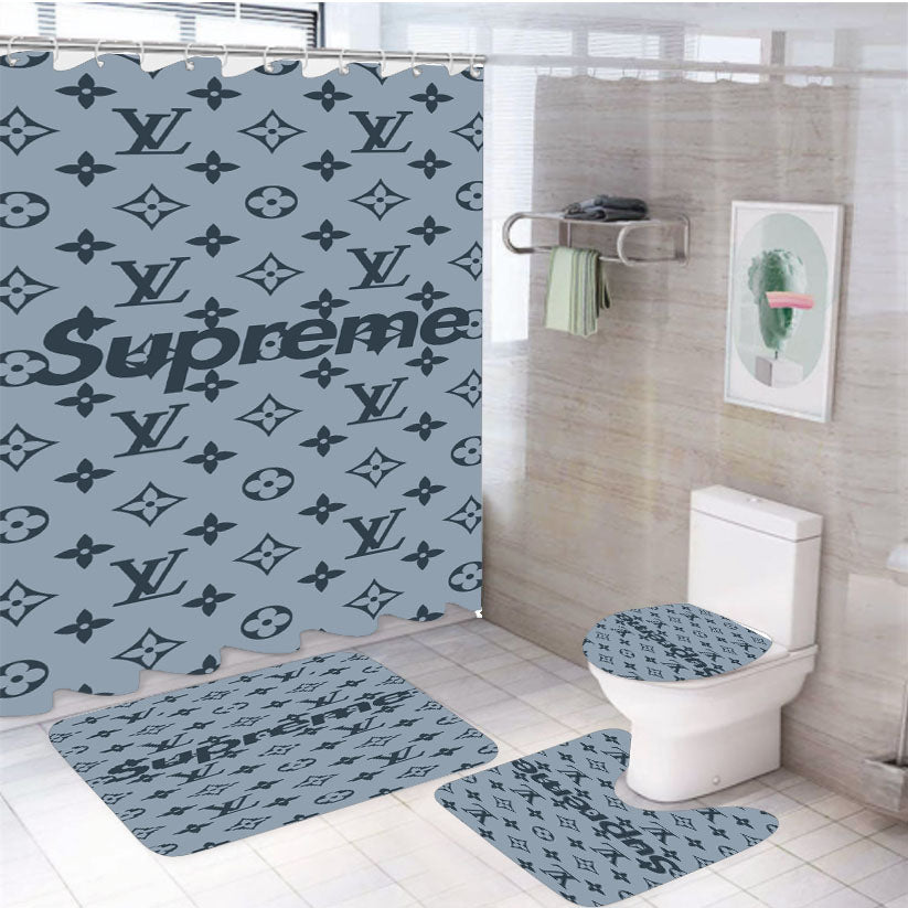 Supareme Louis Vuitton 4Pcs Bathroom Non-Slip Rugs Shower Curtain Fabric Waterproof