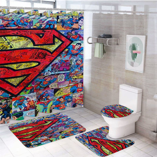 Superman Comics 4Pcs Bathroom Set Shower Curtain