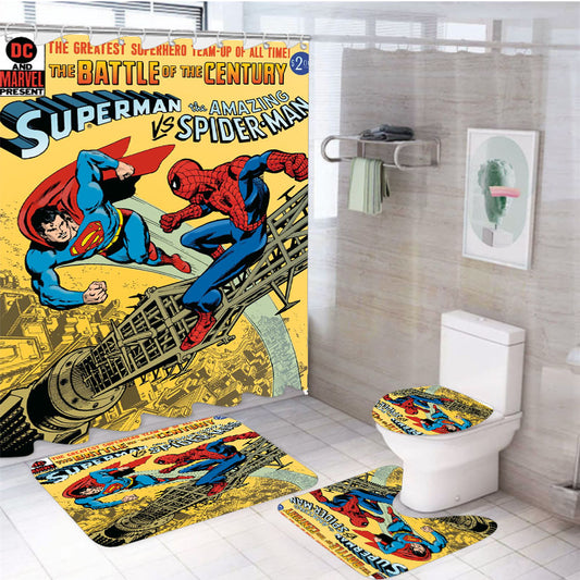 Superman Vs Spiderman Vintage Story Book Cover 4Pcs Bathroom Set Shower Curtain