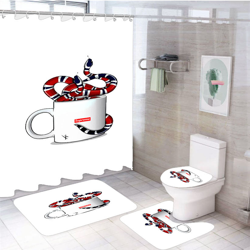 Supreme And Gucci Cup 4Pcs Bathroom Set Shower Curtain