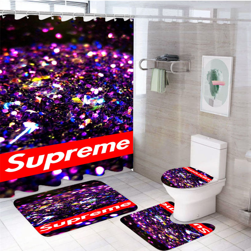 Supreme Black And Purple Glitter 4Pcs Bathroom Set Shower Curtain