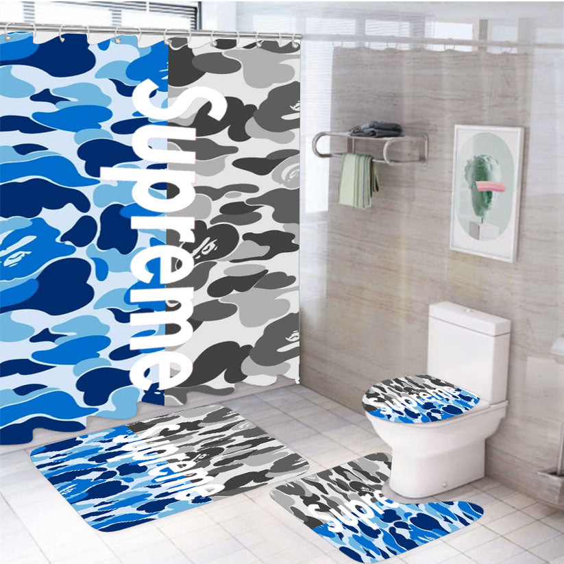 Supreme Blue Grey 4Pcs Bathroom Set Shower Curtain