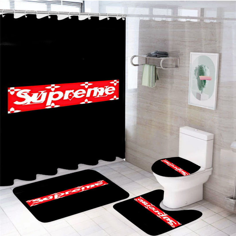 Supreme Box Louis Vuitton Logo 4Pcs Bathroom Non-Slip Rugs Shower Curtain Fabric Waterproof