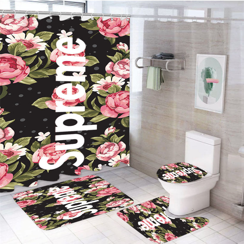 Supreme Flower Black 4Pcs Bathroom Set Shower Curtain