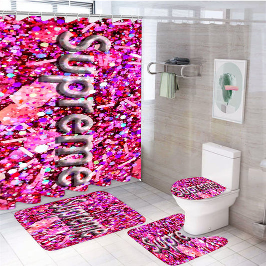 Supreme Gliter Pink Rose 4Pcs Bathroom Set Shower Curtain