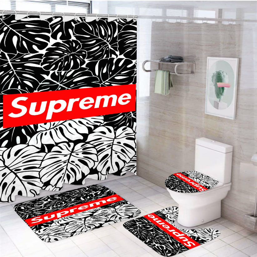 Supreme Leaf Monochrome 4Pcs Bathroom Set Shower Curtain