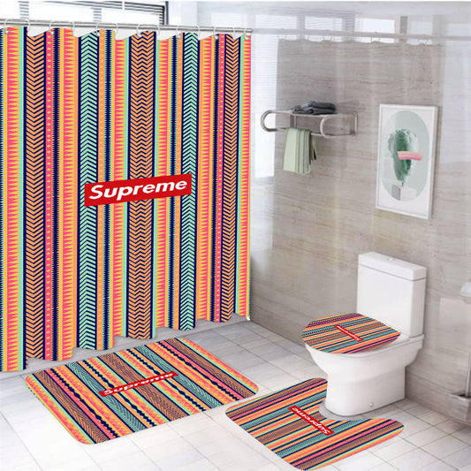 Supreme Line Pattern 4Pcs Bathroom Set Shower Curtain