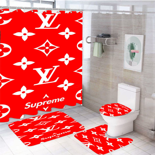 Supreme Louis Vuitton Red 4Pcs Bathroom Set Shower Curtain
