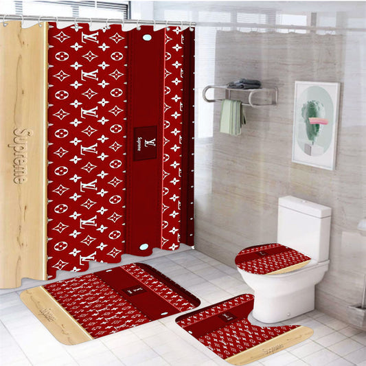 Supreme Louis Vuitton Wood 4Pcs Bathroom Set Shower Curtain