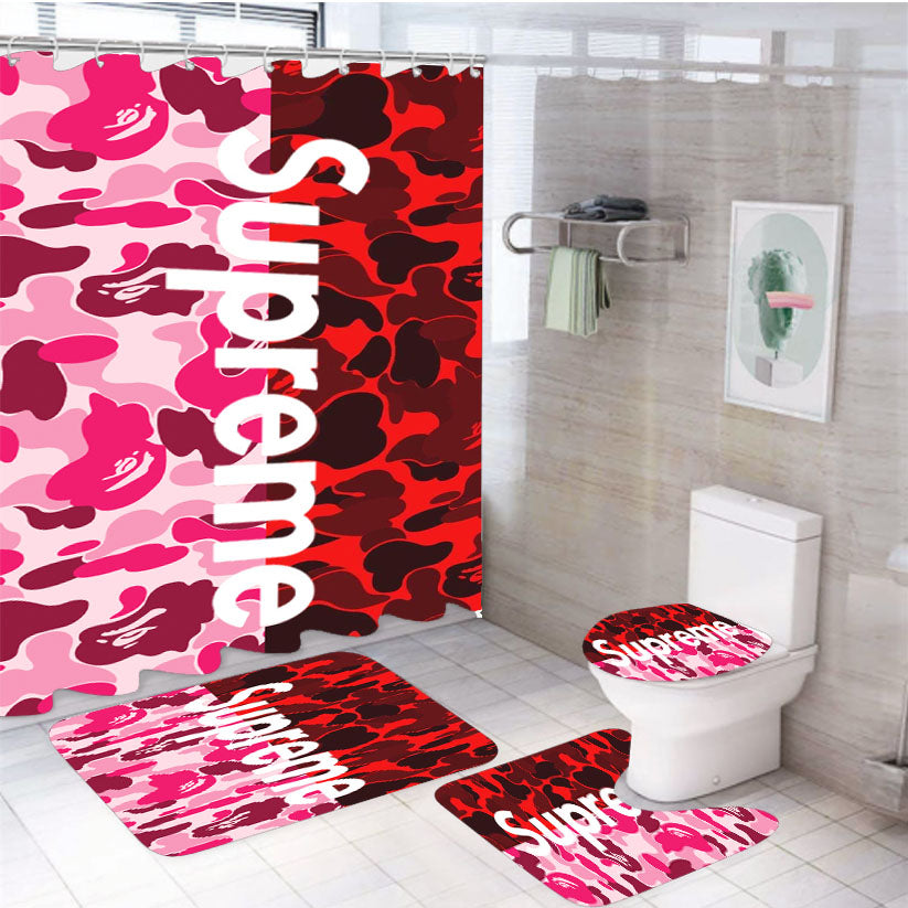 Supreme Pink Red 4Pcs Bathroom Set Shower Curtain