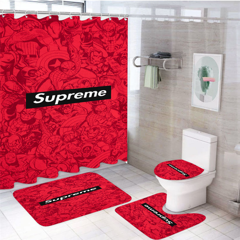 Supreme Red Marvel Superheroes Doodles 4Pcs Bathroom Set Shower Curtain