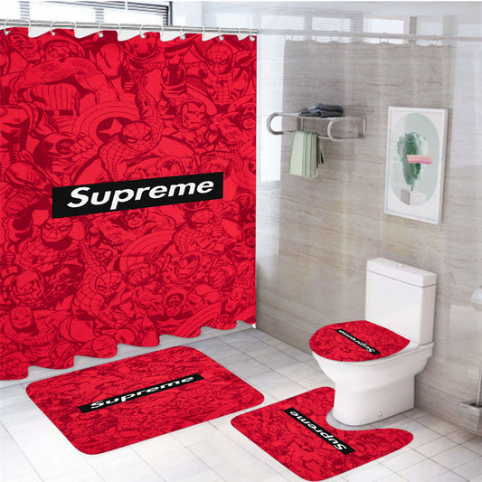 Supreme Red Marvel Superheroes Doodles 4Pcs Bathroom Set Shower Curtain