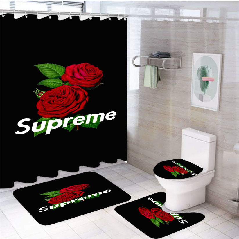 Supreme Rose Back Black 4Pcs Bathroom Set Shower Curtain