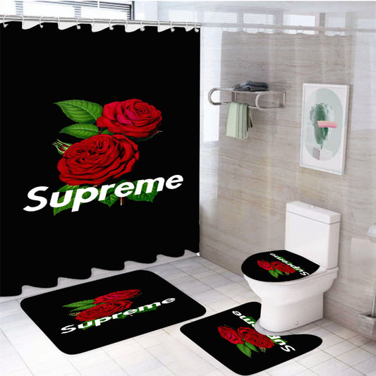 Supreme Rose Back Black 4Pcs Bathroom Set Shower Curtain