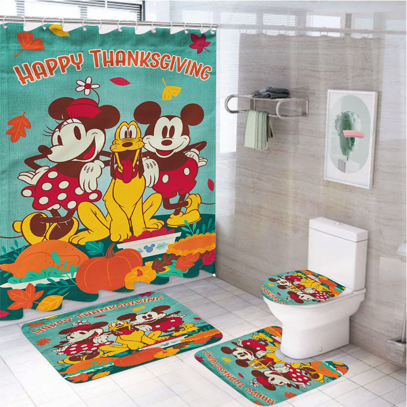 Thanksgiving Feast Mickey Mouse And Minnie Mouse 4Pcs Bathroom Set Shower Curtain