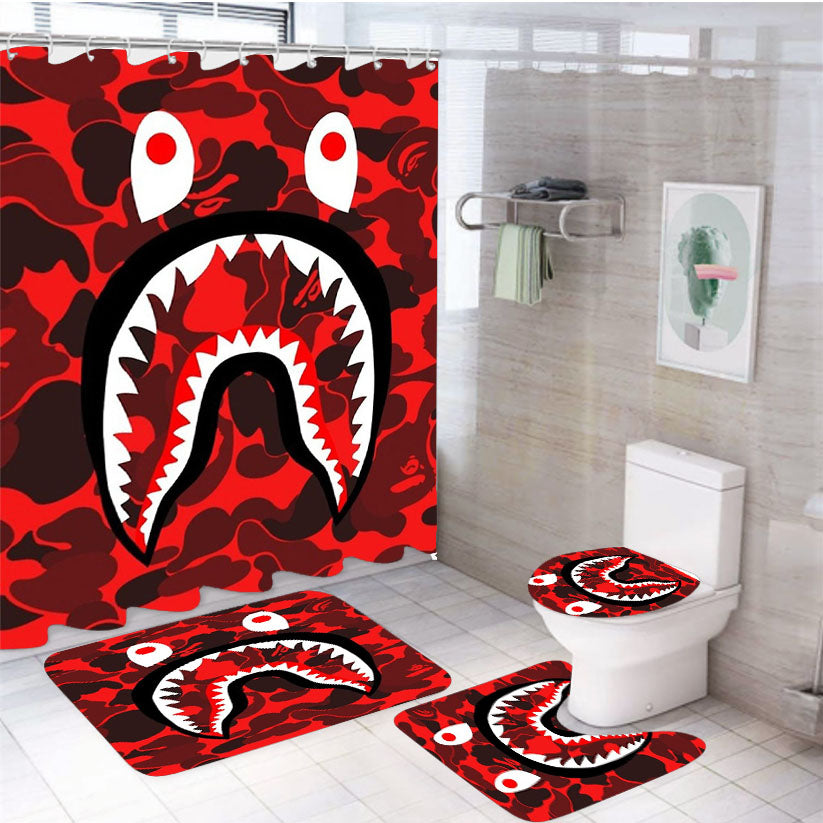 The Red Shark Bape Camo 4Pcs Bathroom Set Shower Curtain
