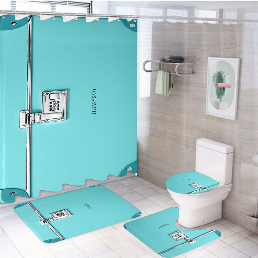 Tiffany And Co Trotter Vanity Case Blue Trunk 4Pcs Bathroom Set Shower Curtain