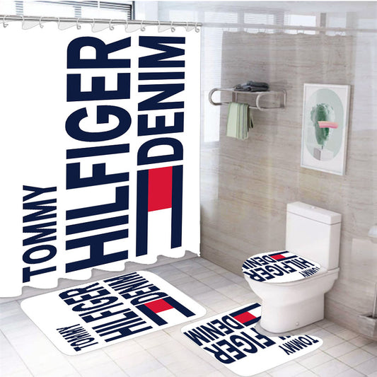 Tommy Hilfiger Denim Logo 4Pcs Bathroom Set Shower Curtain