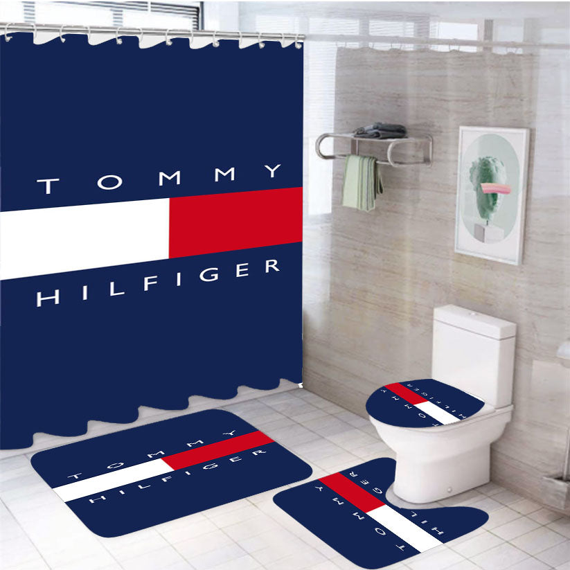 Tommy Hilfiger Logo 4Pcs Bathroom Set Shower Curtain