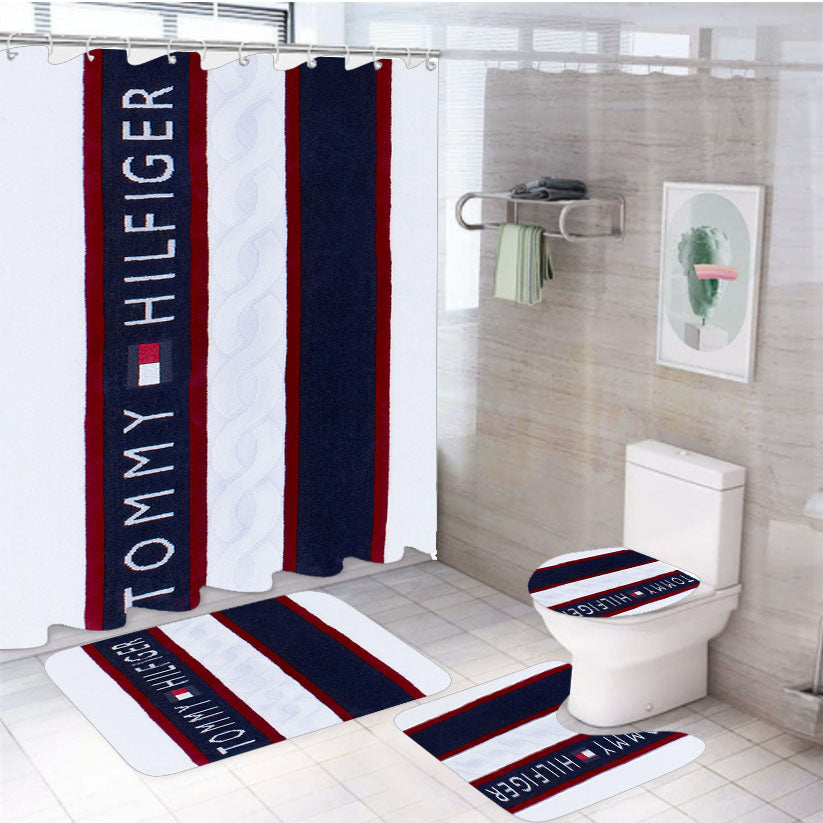 Tommy Hilfiger Logo Fabric Towel Texture 4Pcs Bathroom Set Shower Curtain