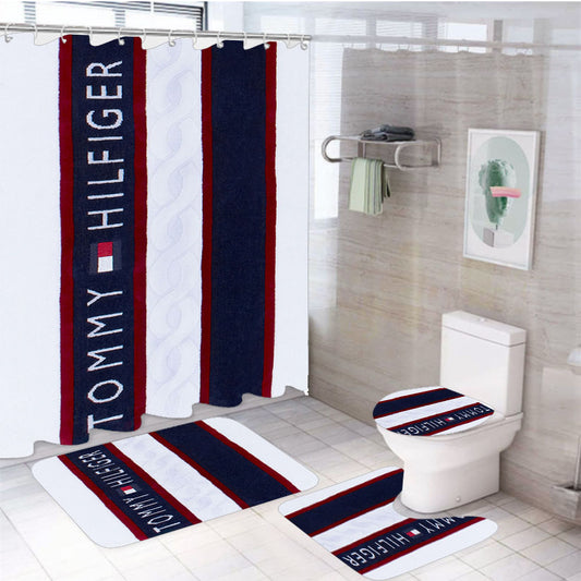 Tommy Hilfiger Logo Fabric Towel Texture 4Pcs Bathroom Set Shower Curtain