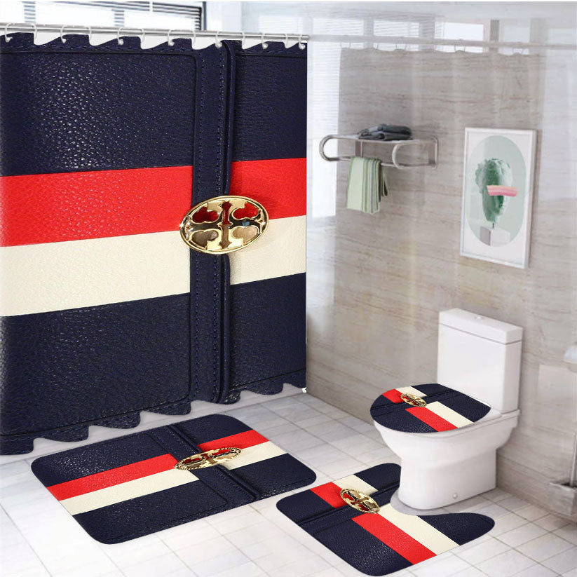 Tory Burch Blue Duet Striped Continental Envelope Wallet 4Pcs Bathroom Set Shower Curtain