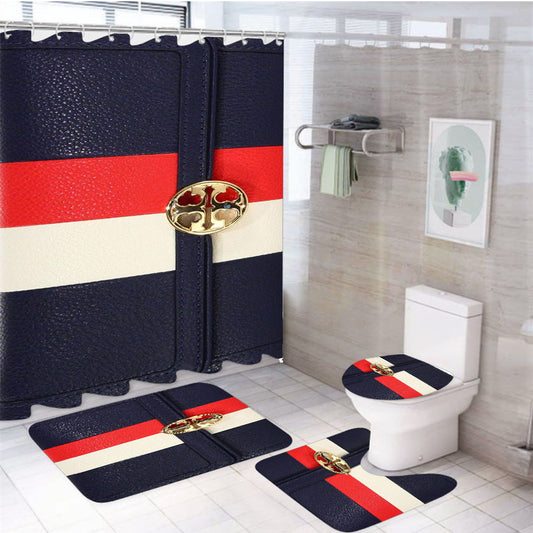 Tory Burch Blue Duet Striped Continental Envelope Wallet 4Pcs Bathroom Set Shower Curtain