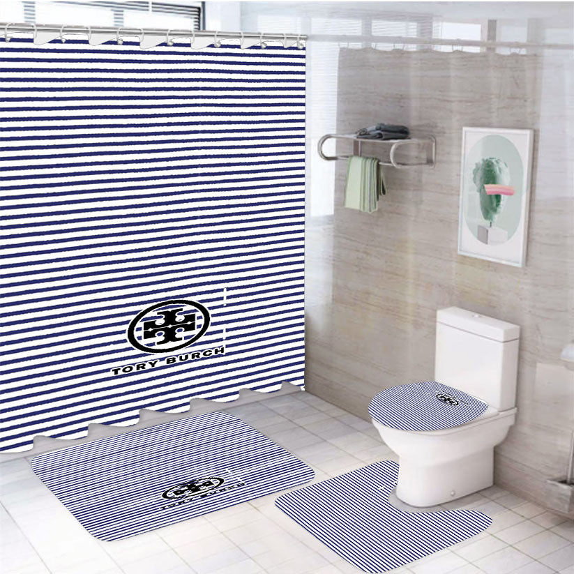 Tory Burch Blue White Wallpaper 4Pcs Bathroom Set Shower Curtain
