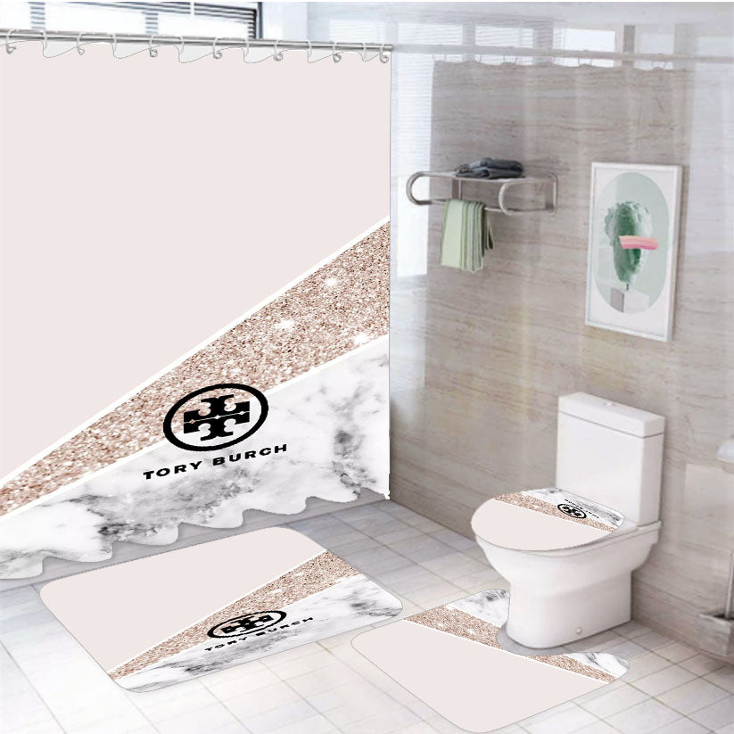 Tory Burch Geometric Glitter Marble Wallpaper 4Pcs Bathroom Set Shower Curtain