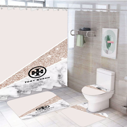 Tory Burch Geometric Glitter Marble Wallpaper 4Pcs Bathroom Set Shower Curtain
