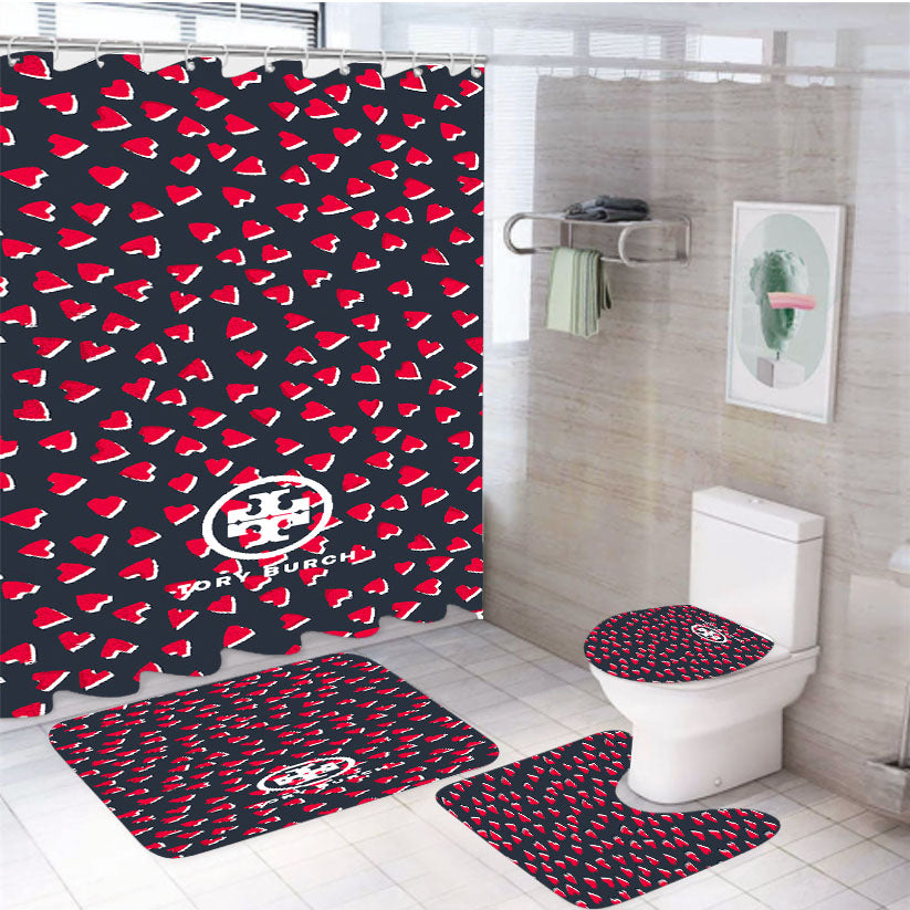 Tory Burch Valentine Days Heart Pattern Wallpaper 4Pcs Bathroom Set Shower Curtain