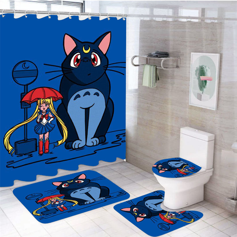 Totoro Bus Stop Sailor Moon 4Pcs Bathroom Set Shower Curtain