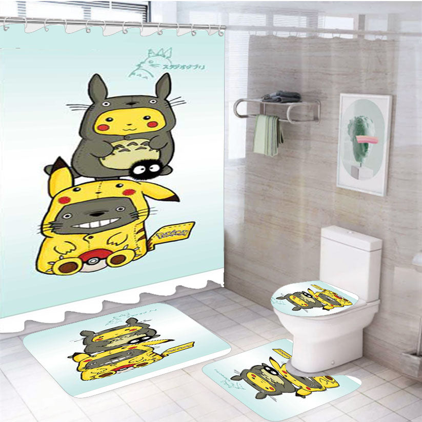 Totoro Pikachu 4Pcs Bathroom Set Shower Curtain