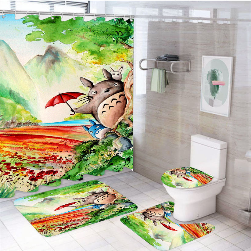 Totoro Studio Ghibli Water Paint 4Pcs Bathroom Set Shower Curtain