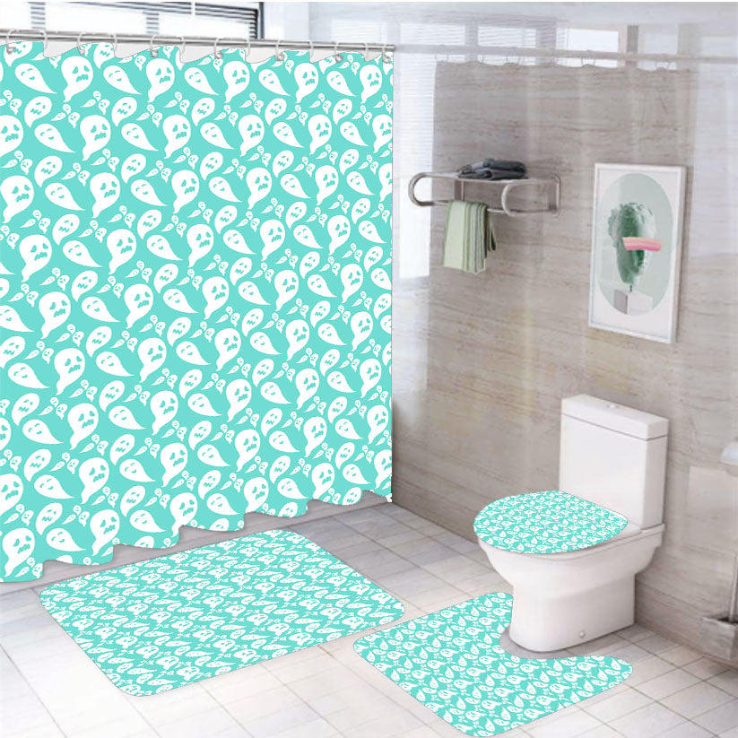 Turquoise Ghosts Pattern Halloween 4Pcs Bathroom Set Shower Curtain