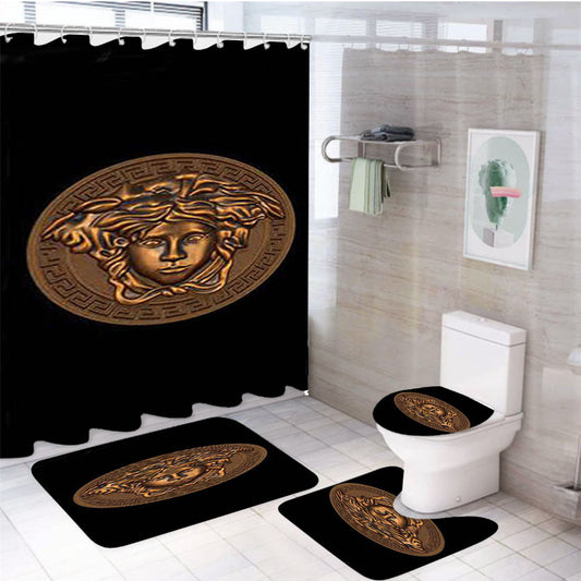 Versace Logo Gold 4Pcs Bathroom Set Shower Curtain