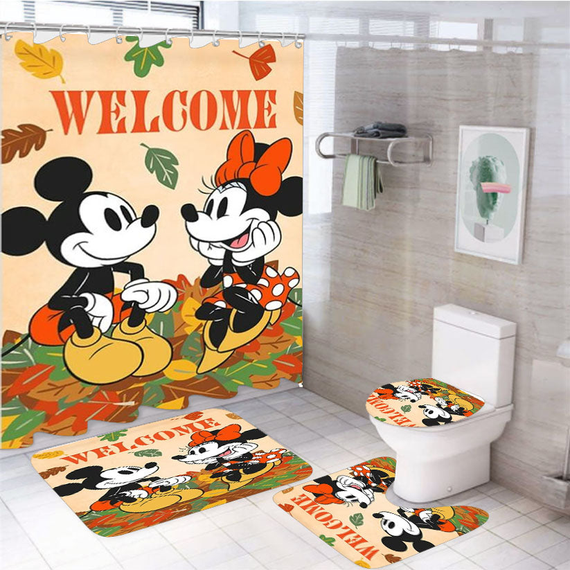 Welcome Fall Leaf Pile Mickey And Minnie 4Pcs Bathroom Set Shower Curtain