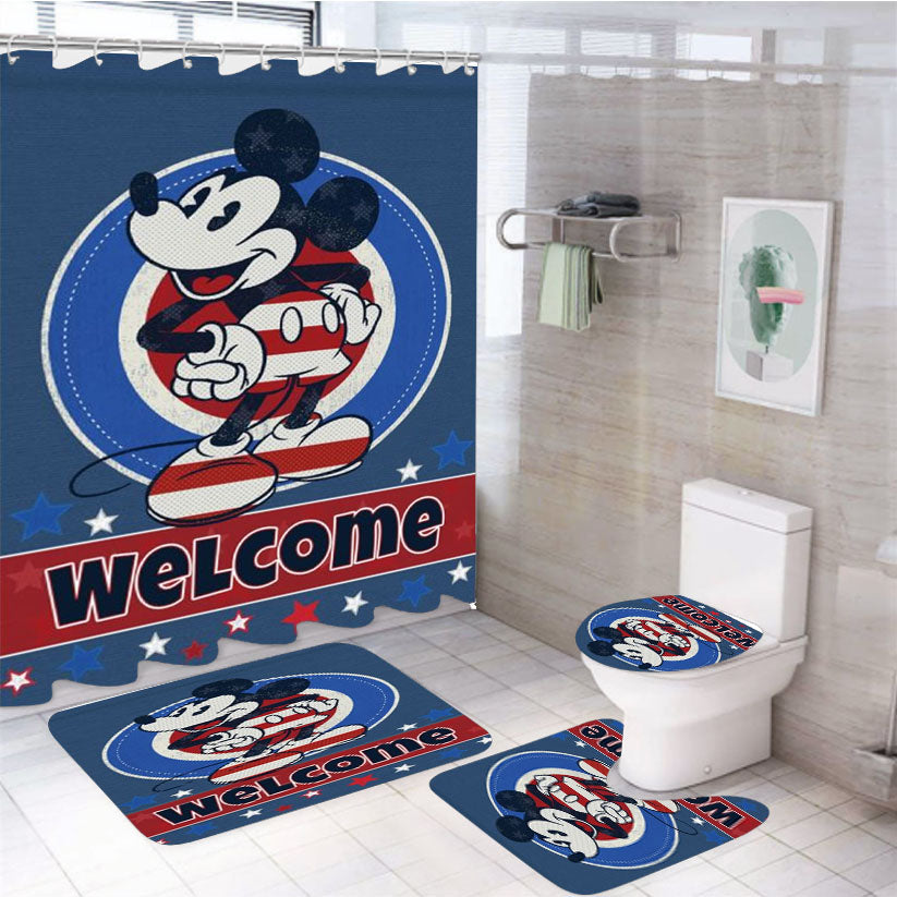 Welcome Red White And Blue Mickey Stars 4Pcs Bathroom Set Shower Curtain