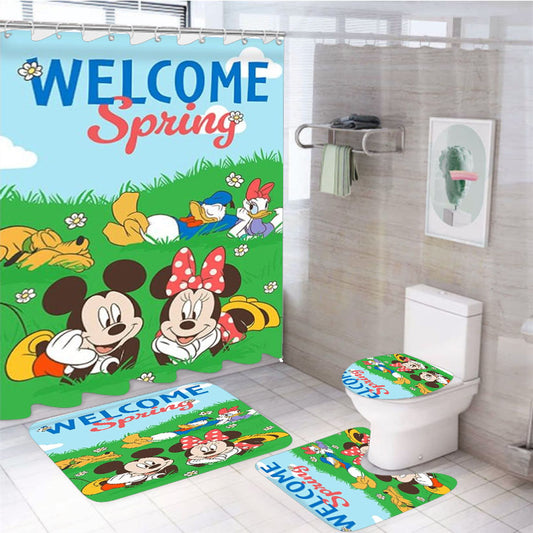 Welcome Spring Mickey And Gang 4Pcs Bathroom Set Shower Curtain
