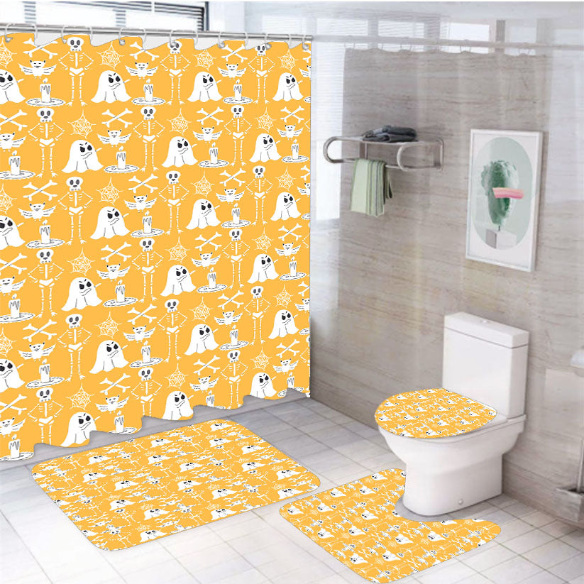 Yellow Pattern Halloween Ghost Skeleton 4Pcs Bathroom Set Shower Curtain