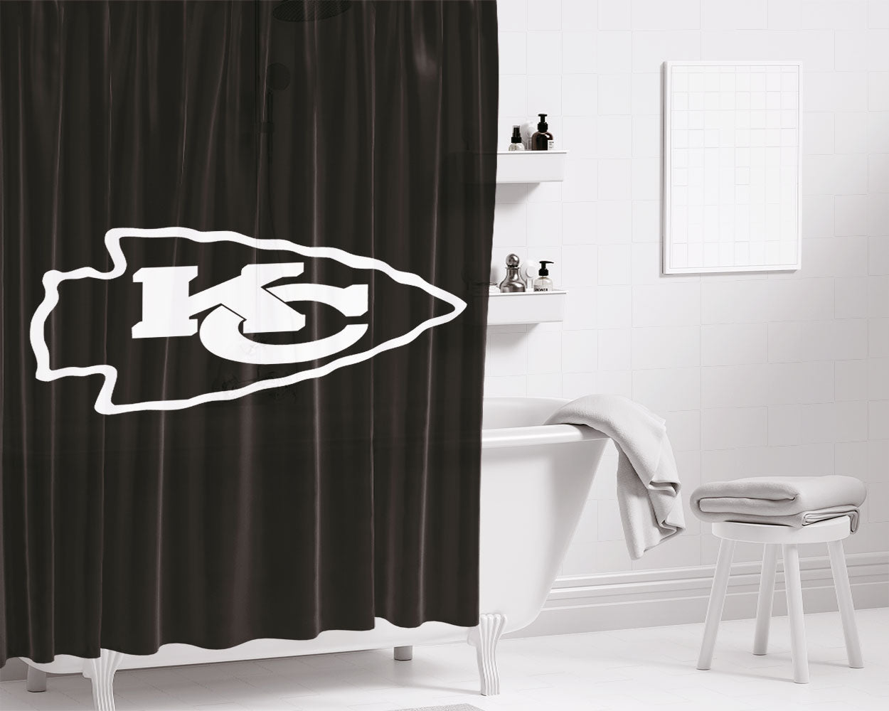 Black White Kansas City Chiefs Logo Bathroom Shower Curtain Fabric Waterproof | 66 X 72 Inch