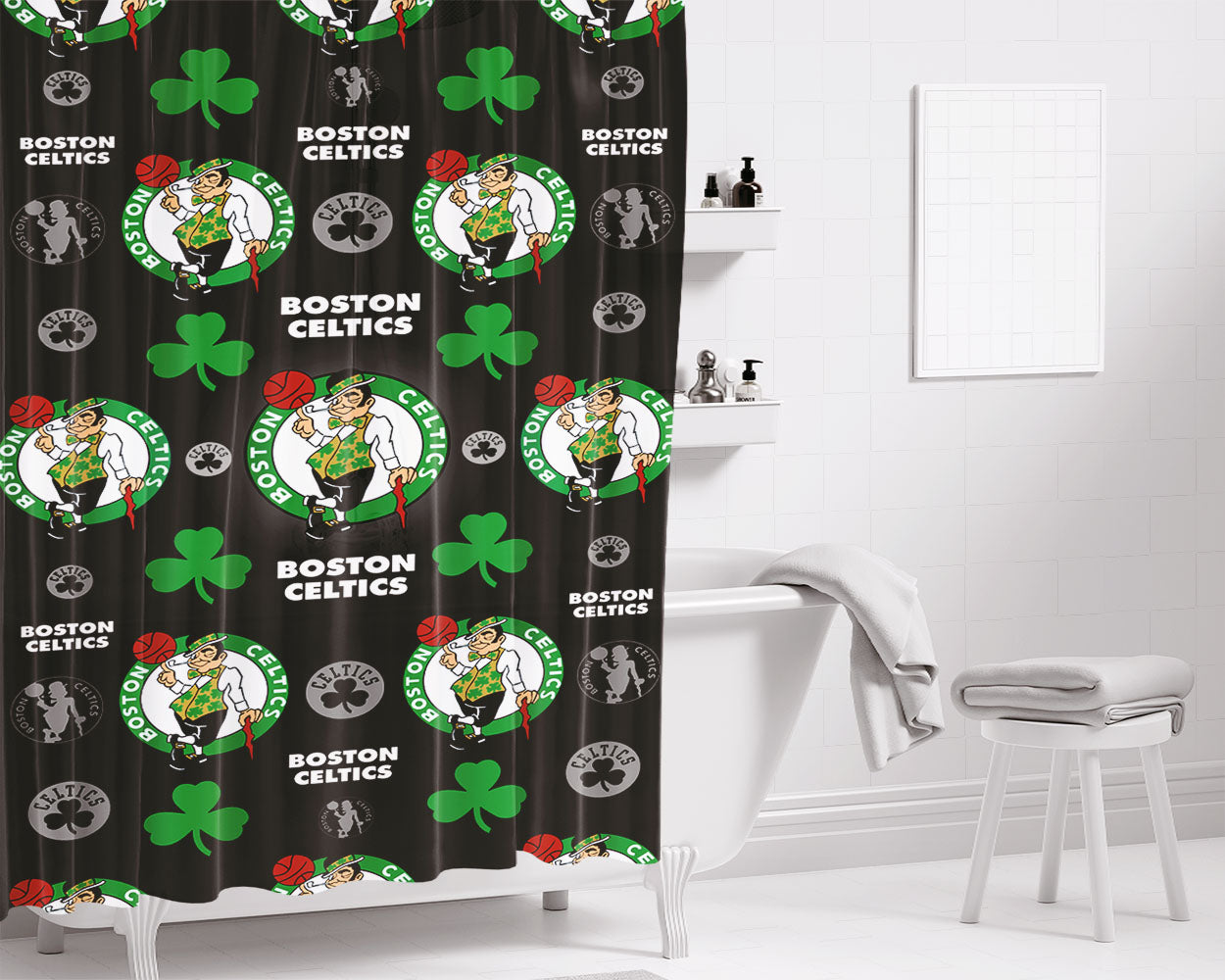 Boston Celtics Patters Bathroom Shower Curtain Fabric Waterproof | 66 X 72 Inch