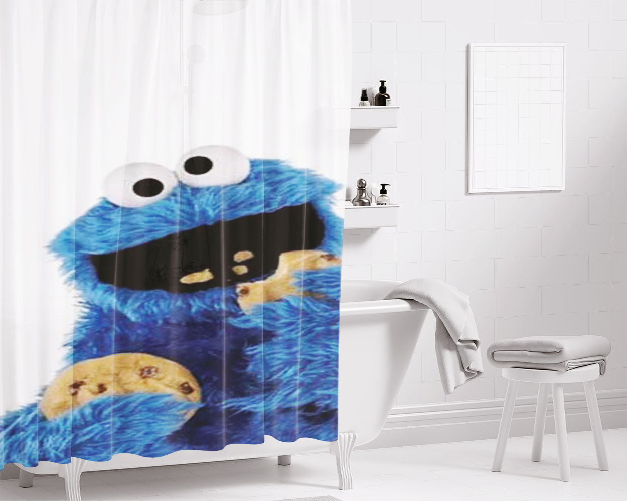 Cookie Monster Plain Wht Bathroom Shower Curtain Fabric Waterproof | 66 X 72 Inch