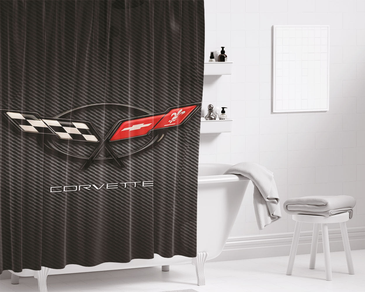 Corvette Logo Bathroom Shower Curtain Fabric Waterproof | 66 X 72 Inch