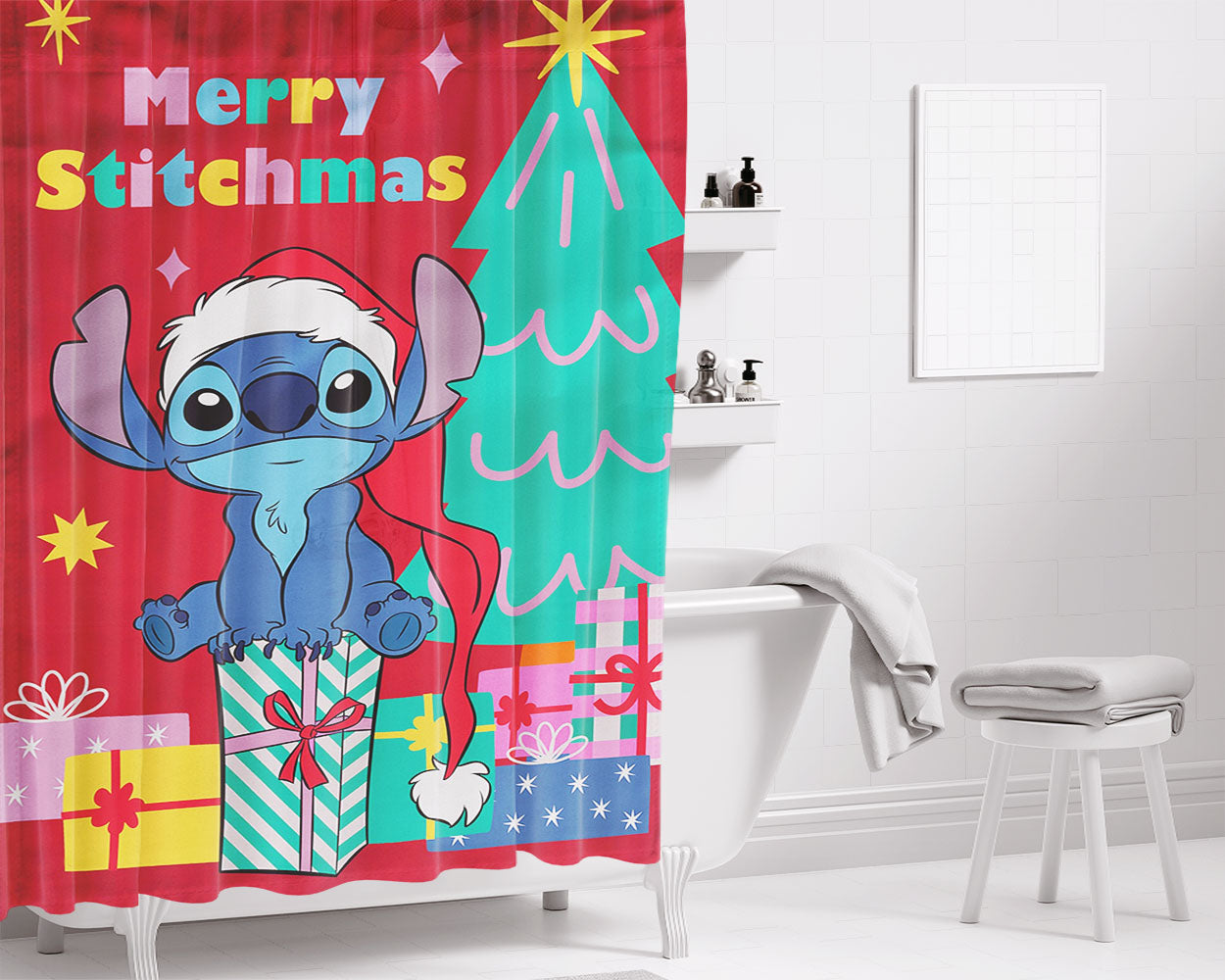 Disney Merry Stitchmas Stitch Bathroom Shower Curtain Fabric Waterproof | 66 X 72 Inch