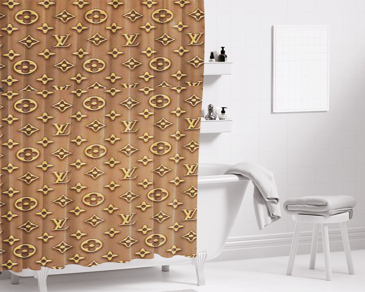Emboss Louis Vuitton Bathroom Shower Curtain Fabric Waterproof | 66 X 72 Inch