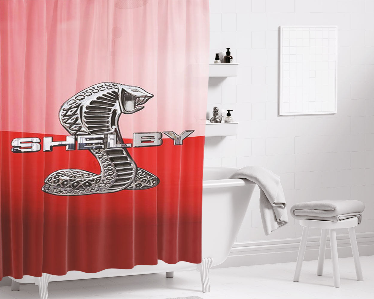Ford Mustang Shelby Cobra Red Logo Bathroom Shower Curtain Fabric Waterproof | 66 X 72 Inch